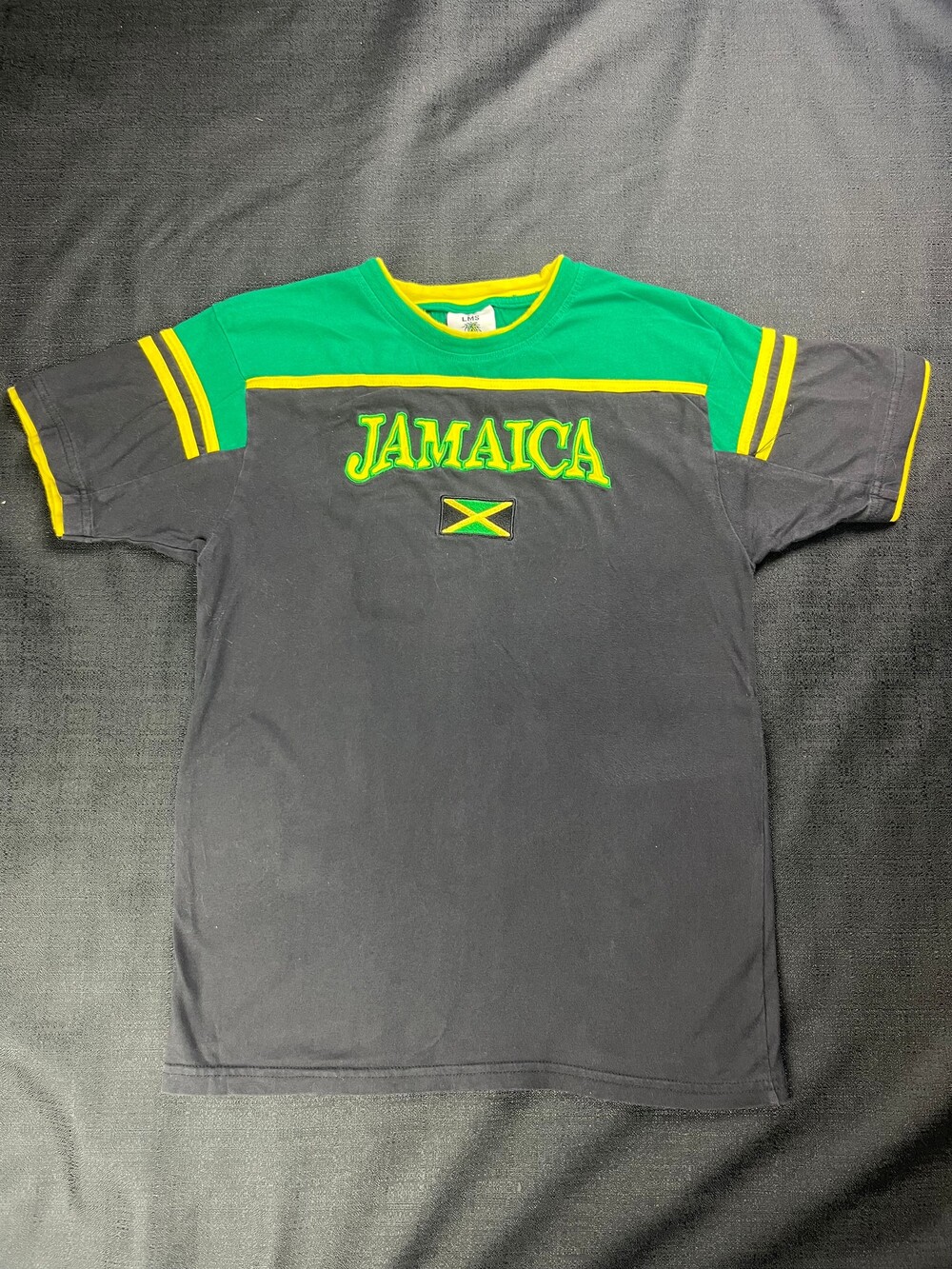 Vintage Jamaica Large Black Cotton T-Shirt with Embroidered Flag Patch